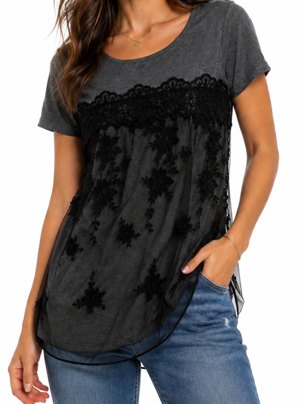Maurices Lace Overlay Short Sleeve Top Sheer Floral Mesh Hem M Size